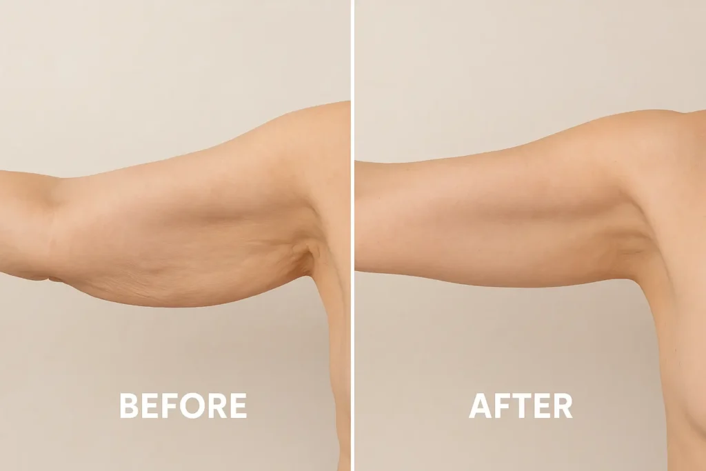 Picture of LA LIPO Leigh-on-Sea before and after results of skin tightening treatment on the upper arms.