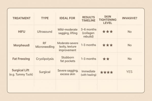 Table showing the comparisons of Skin tightening Leigh-on-Sea treatment options.